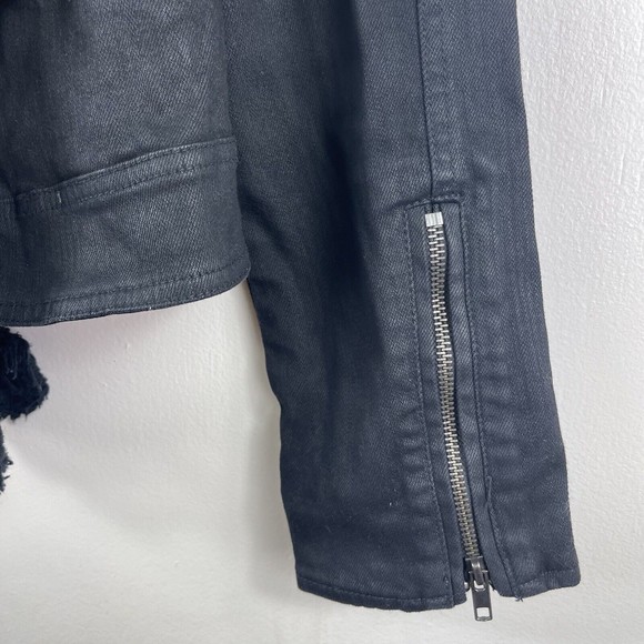 FREE PEOPLE Black Scarf Drape Moto Jacket Coated Faux Leather Twill Denim‎ Sz 10 - Picture 9 of 16